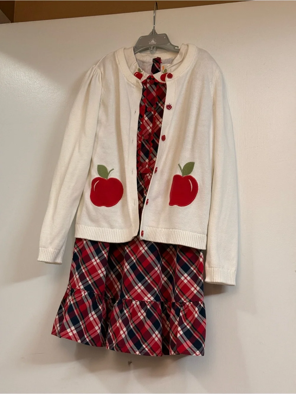Gymboree White Cardigan with Red Apple Appliqués and Red Plaid Dress
